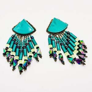 Vintage 80s Handmade Teal Turquoise Beaded Fringe Statement Earrings